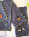 Insect Embroidery Linen Chambray Cloth Napkins, set of four