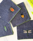Insect Embroidery Linen Chambray Cloth Napkins, set of four