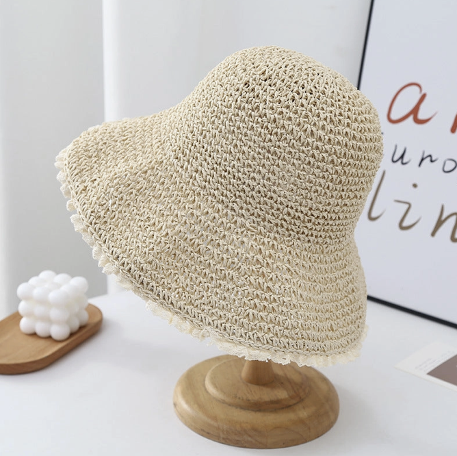 Hailey lace trim woven bucket hat beige
