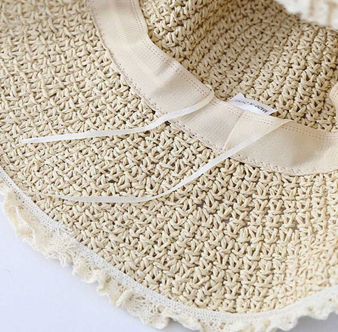 Haley lace trim woven bucket hat inside detail closeup