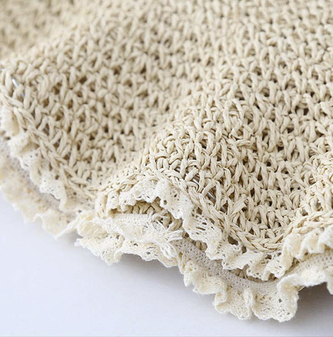 Hailey lace trim woven bucket hat beige closeup 