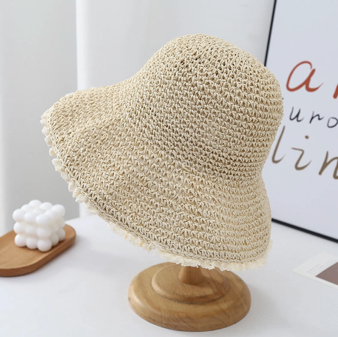 Hailey lace trim woven bucket hat beige