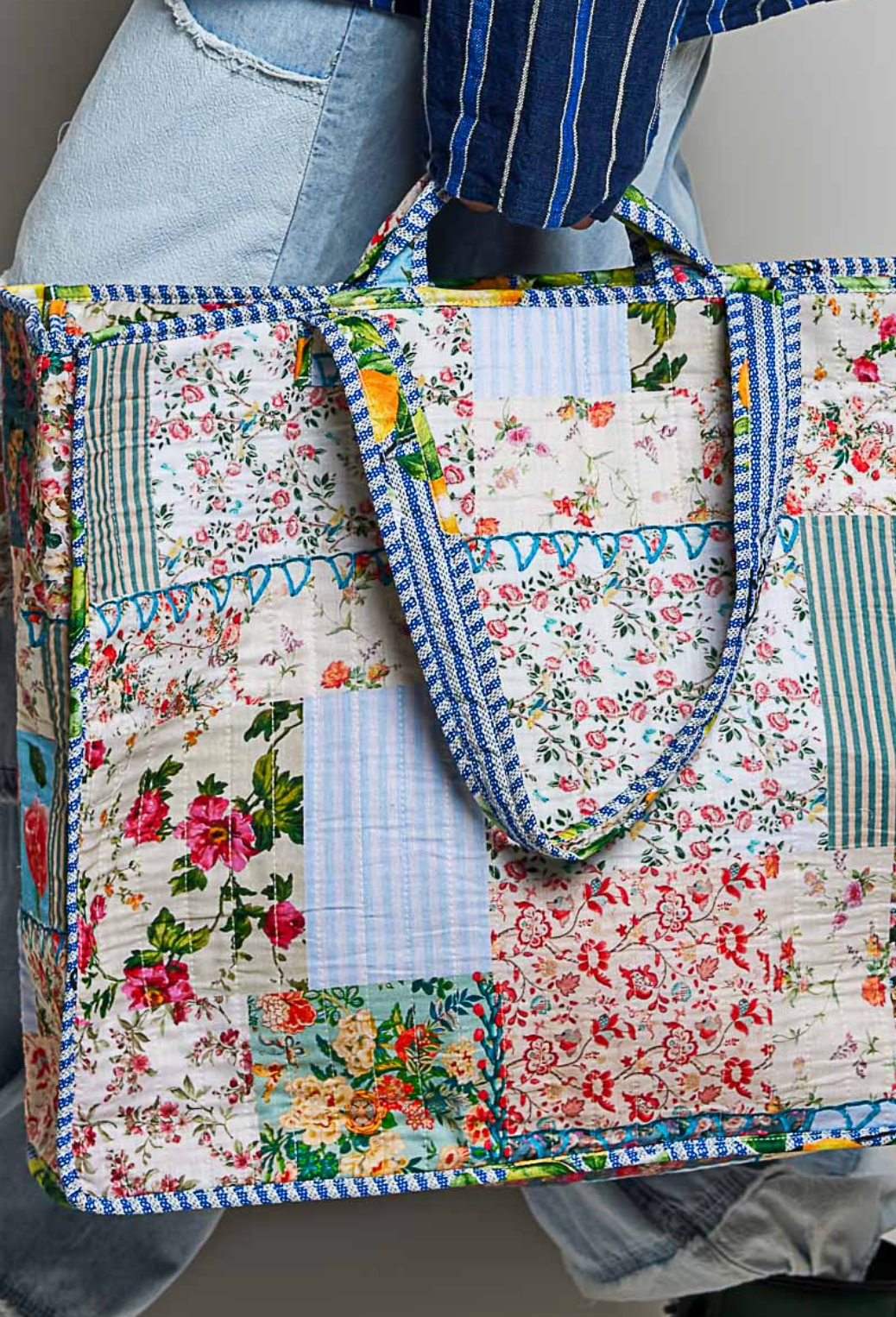 Patchwork zip top tote 