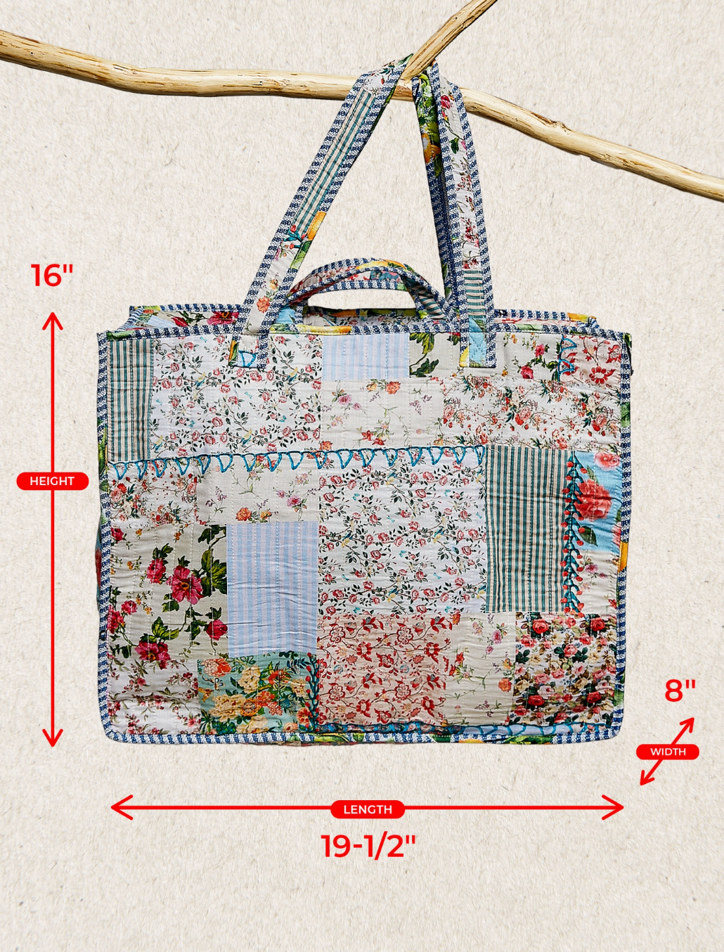Patchwork zip top tote bag pol dimensions